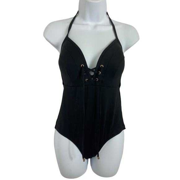 Nip Tuck One Piece Swimsuit Women’s Sz 6 US Black Laced Lattice Front Plunge - Picture 4 of 8